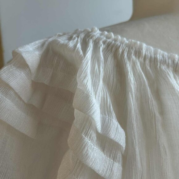 Sheer Ruffle White Peasant Blouse with Beaded Lace Applique - Smocked Hem – US M - Picture 9 of 9